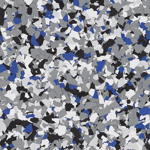 Vibrant Galaxy Blue flake floor coating with deep blue and sparkling silver flecks.